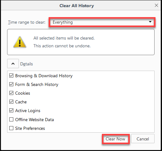 clear all history Mozilla