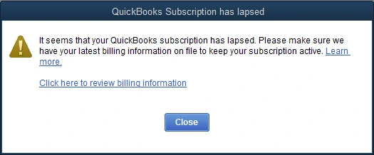 quickbooks subscription has lapsed (error image)